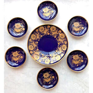 C.M. Hutschenreuther kobalt BLUE and gold plate 7.5 in with 6 small finger bowls